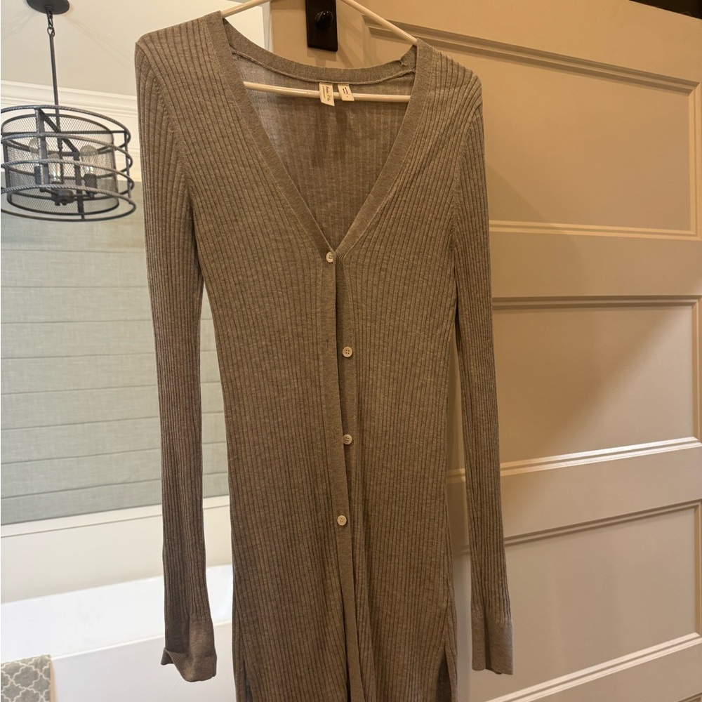 Gray Ribbed Button-Up Cardigan , long , Meadow Rue Anthropologie , small